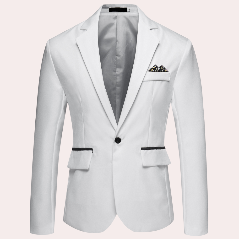 Full shot of a man wearing a formal business blazer, showcasing its tailored fit and versatile style