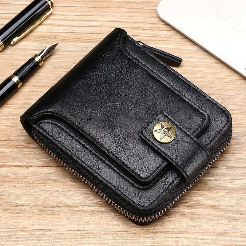 Top-down shot of the men's multi-card horizontal zipper wallet, emphasizing its slim design.