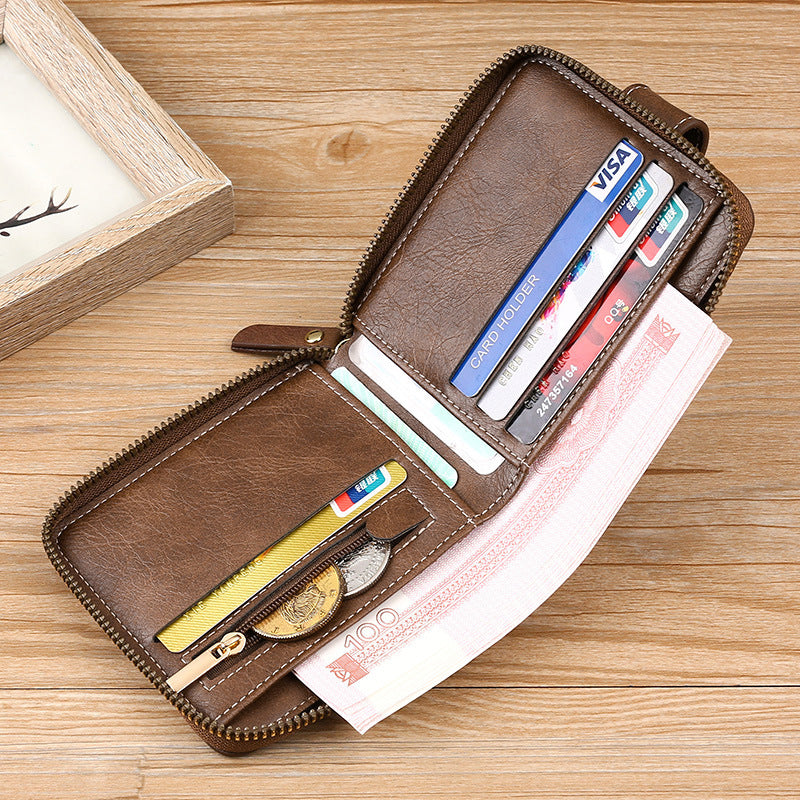 Open men's multi-card horizontal zipper wallet revealing credit card slots and compartments.