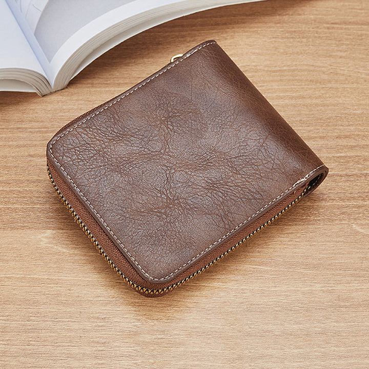 Front view of the men's compact horizontal zipper wallet, perfect for cash and cards.