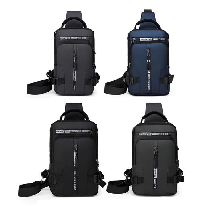 Front view of the men's sling bag, highlighting its secure zippers and modern aesthetic for urban explorers