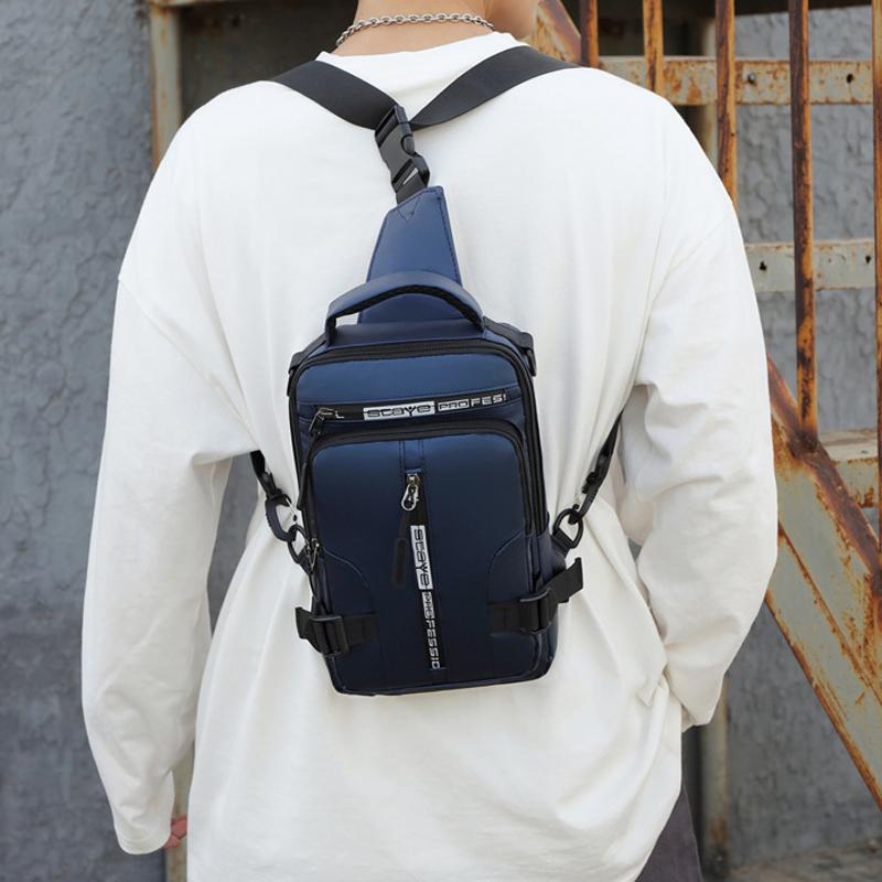 Stylish men's crossbody sling bag in black, ideal for travel, with convenient USB port for charging