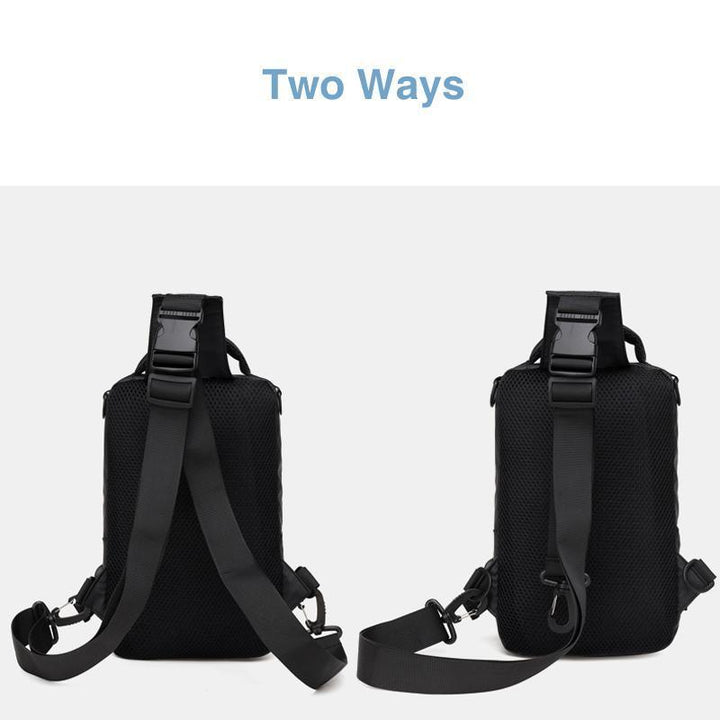Interior view of multi-functional sling bag, revealing organized compartments for essentials and devices