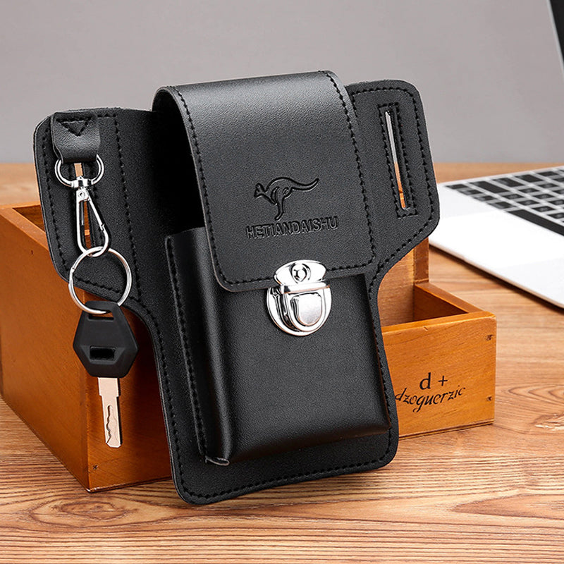 Brown men's waist bag, fanny pack, shown on a male model, showcasing its size