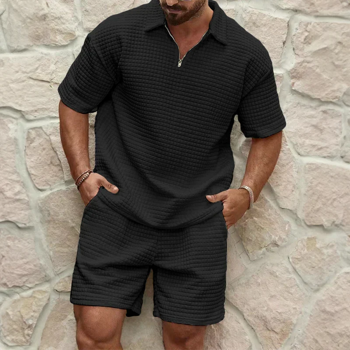 Breathable poly-cotton men's leisure set with a unique waffle knit texture for ultimate summer comfort.