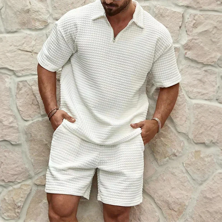 New men's summer wear: a lightweight, breathable poly-cotton shorts set. Casual, relaxed fit loungewear.