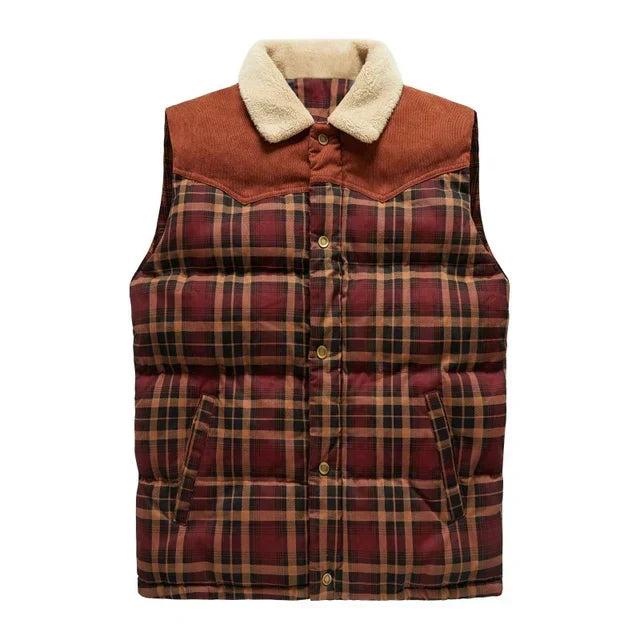 Comfortable men's insulated outdoor bodywarmer gilet with a trendy plaid pattern & stand collar for casual wear.