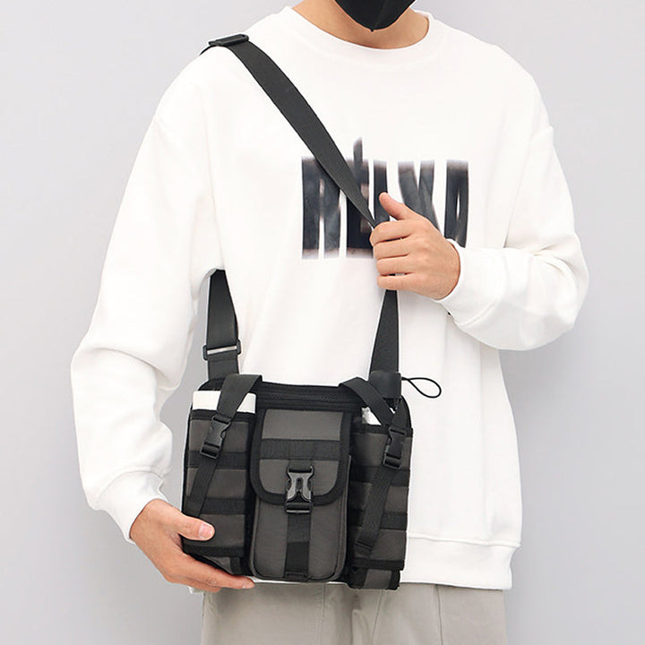 Front view of men's durable outdoor travel crossbody bag, ideal for daily adventures