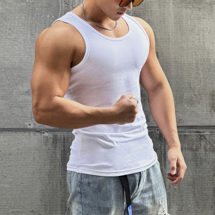 Men's tank top in a vibrant red, premium sleeveless design, cotton blend perfect for summer.