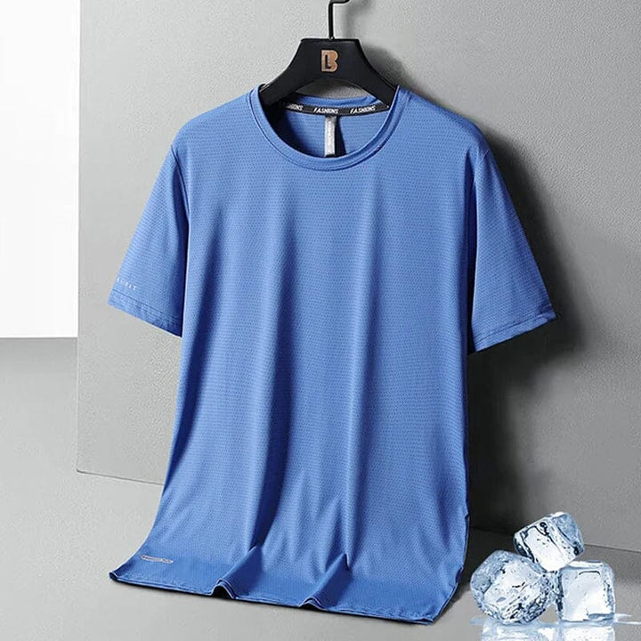 Close-up of the breathable mesh-like structure on a men's ice silk summer t-shirt