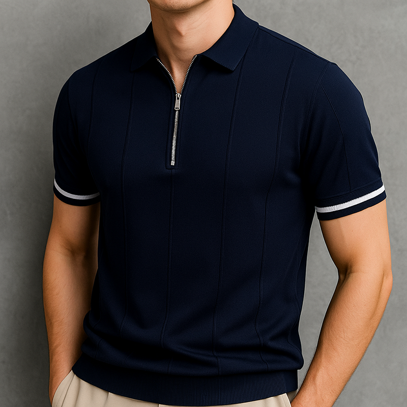 Men's summer wear: a sleek short sleeve quarter-zip polo shirt, offering cool comfort.