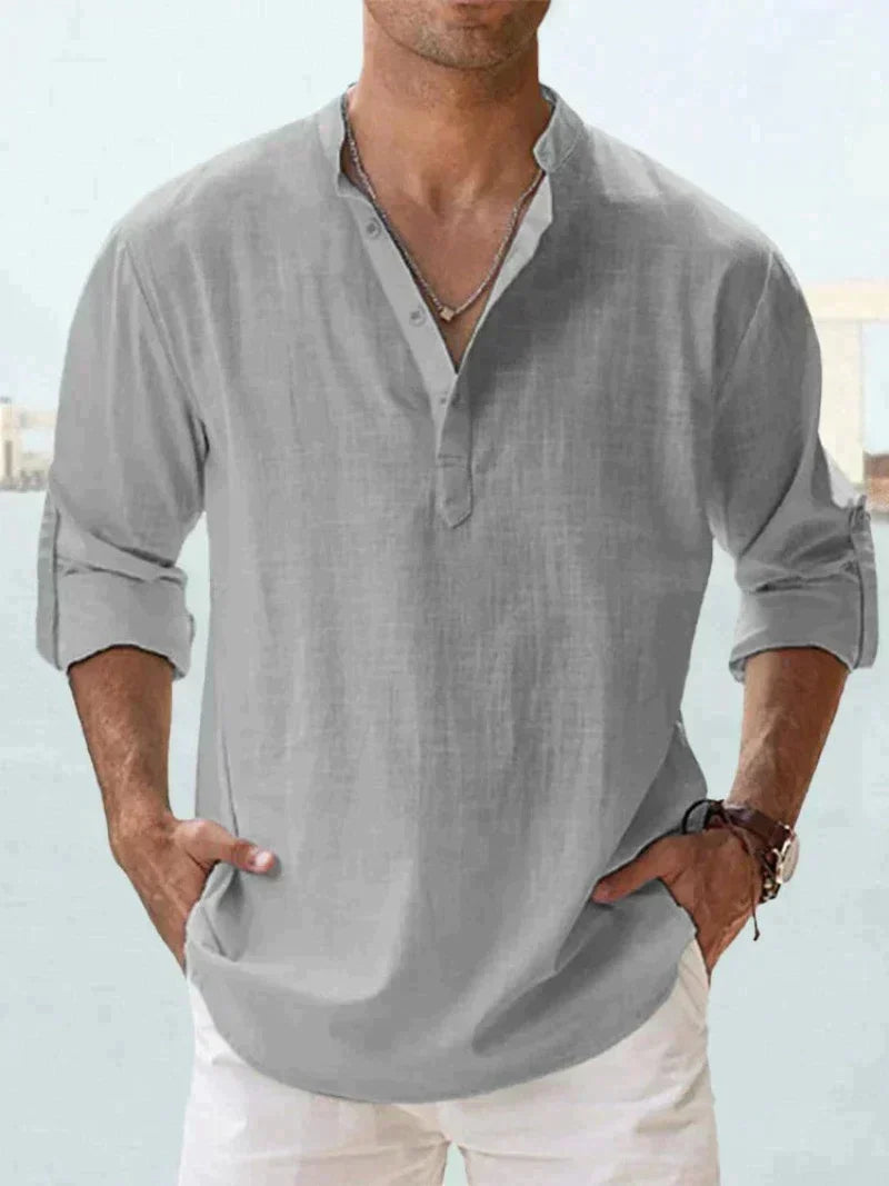 Regular fit men's casual button-up shirt, long sleeve, great for summer & beach wear.