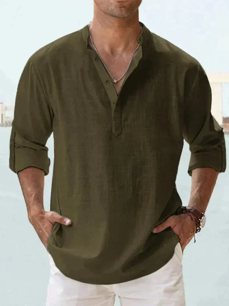 Casual men's long sleeve regular fit button-up shirt, lightweight for vacation & summer style.