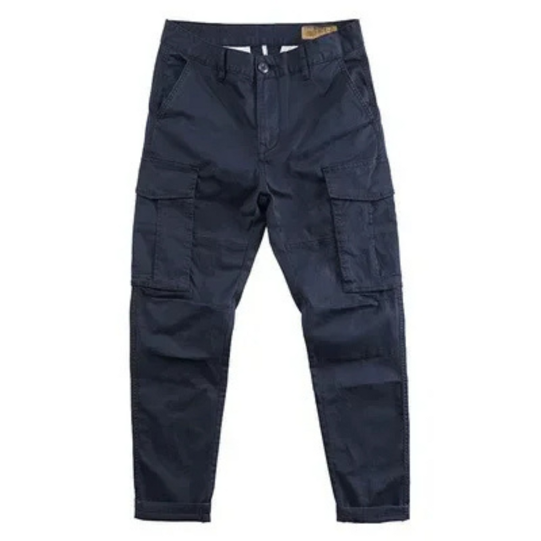 Navy blue men's multi-pocket cargo pants, a comfortable relaxed fit for everyday casual wear.