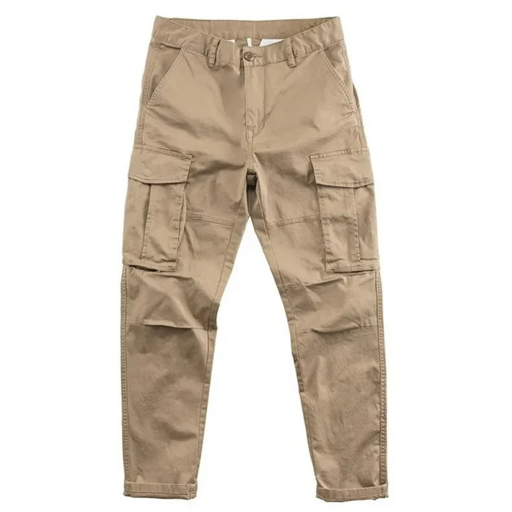 Khaki multi-pocket cargo pants for men, relaxed fit for comfort, suitable for casual and work wear.