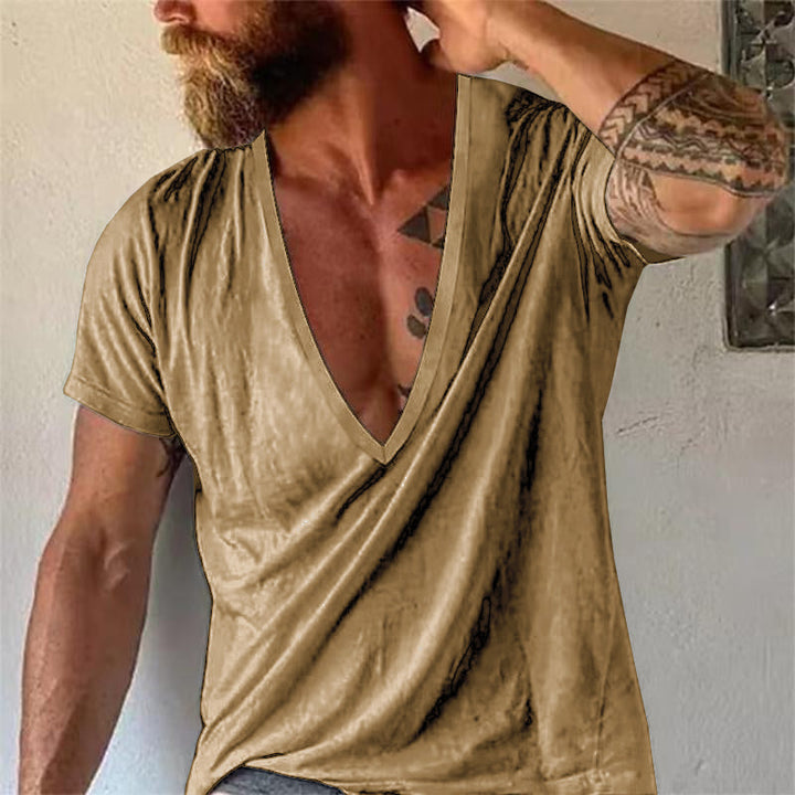 Everyday comfort men's relaxed fit deep V-neck tee in heather grey, a summer essential.