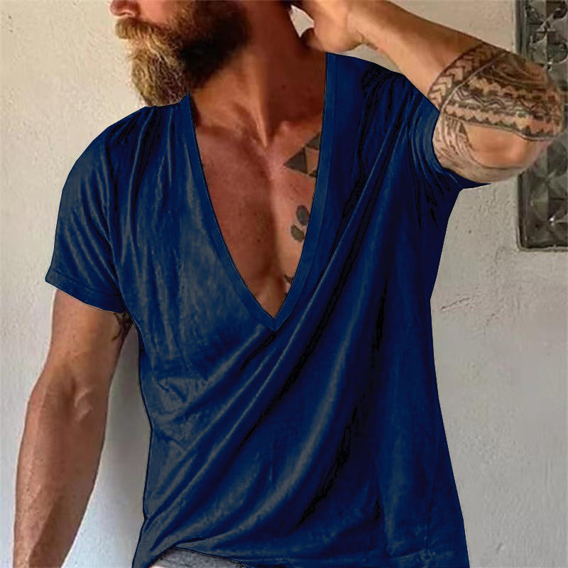 Modern men's deep V-neck tee, perfect for summer layering, relaxed fit, everyday comfort.