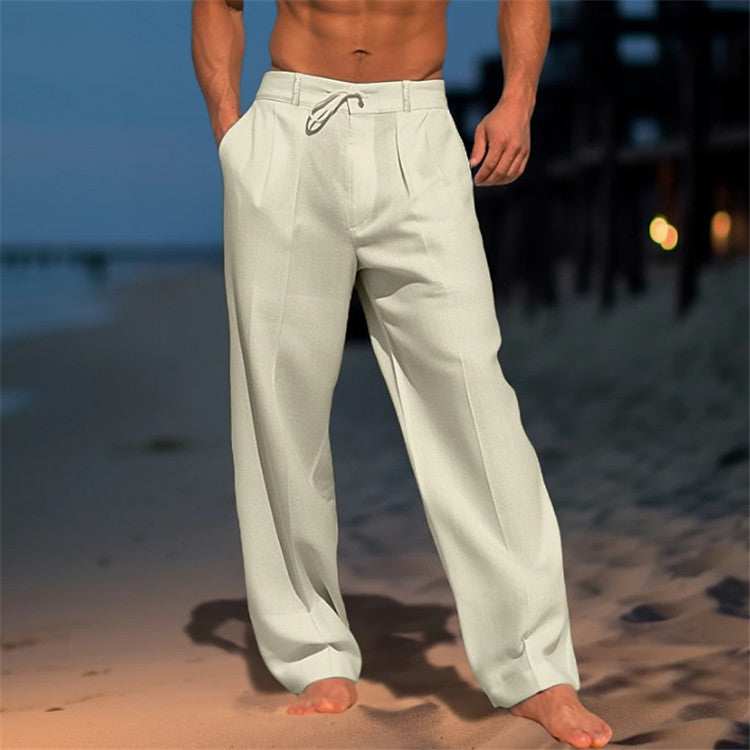 Stylish men's casual spring pants with a drawstring waist, offering a relaxed fit for daily wear.