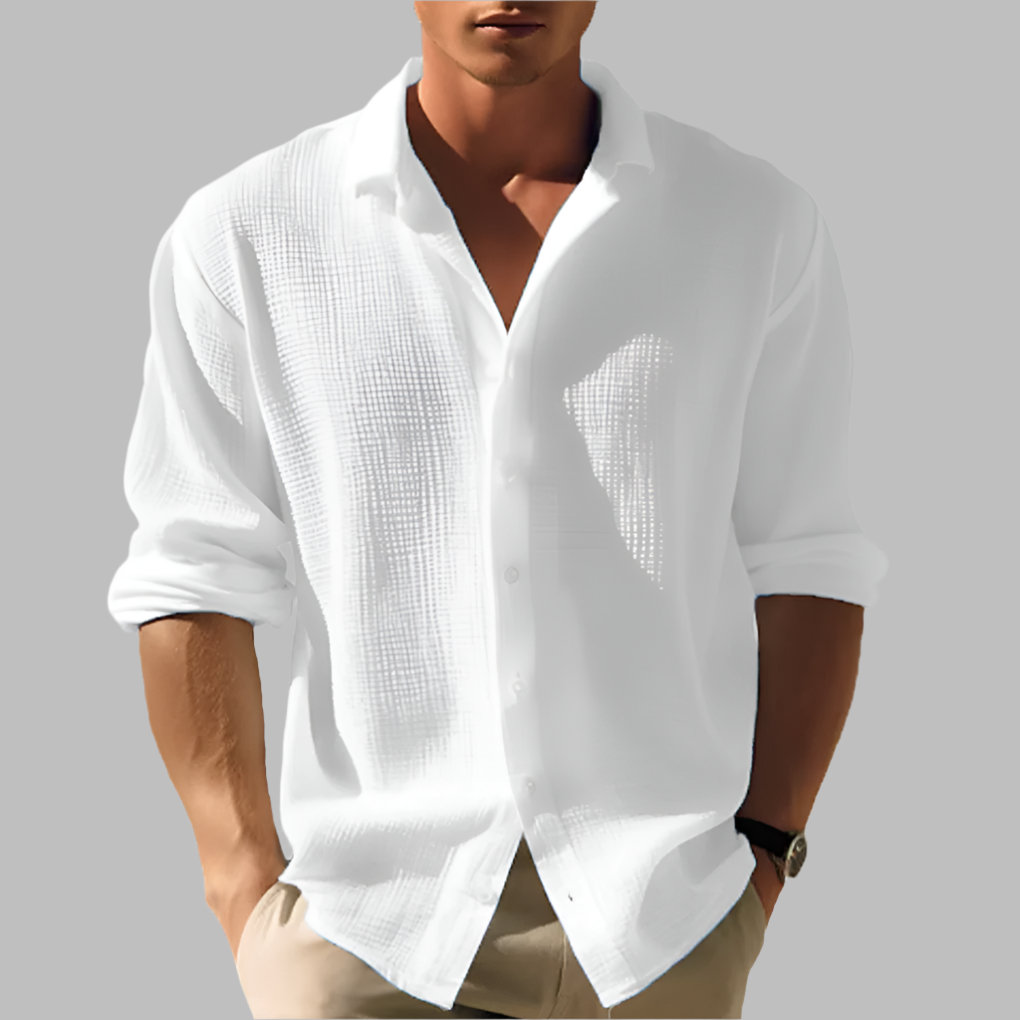 Men's relaxed fit long sleeve casual shirt with stand collar & button-up front. Perfect for everyday wear.