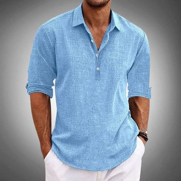 Men's relaxed fit long sleeve Henley shirt with half-button lapel collar. Perfect for casual everyday wear.