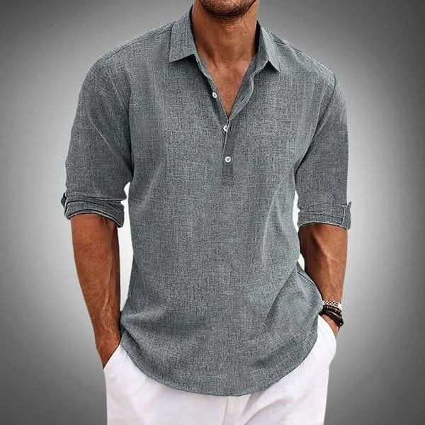 Comfortable men's long sleeve Henley shirt, relaxed fit, ideal for casual spring & summer fashion.
