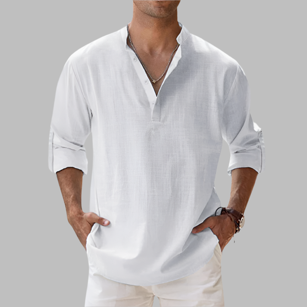 Light blue men's relaxed fit summer shirt. Breathable, stylish button-down for casual beach & vacation wear.