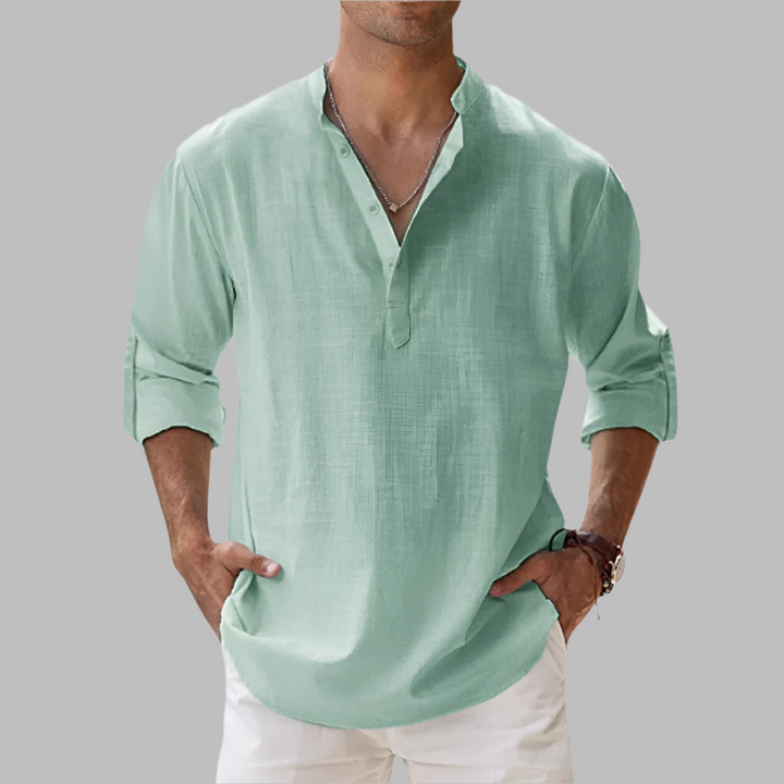 White men's relaxed fit summer shirt. Breathable, stylish, and lightweight button-down, perfect for spring looks.
