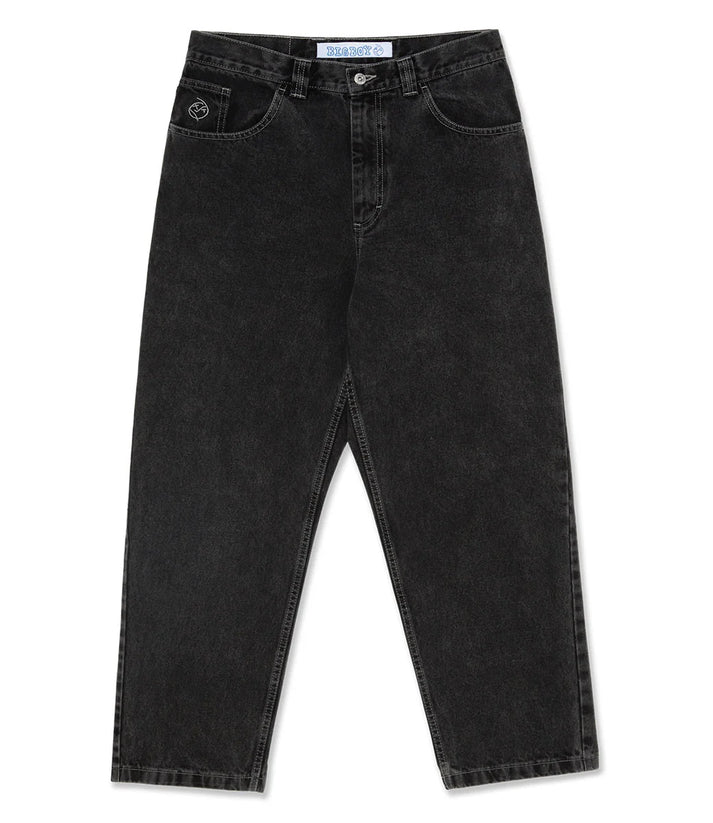 Full shot of men's wide-leg denim pants, offering a relaxed fit for comfortable spring fashion.
