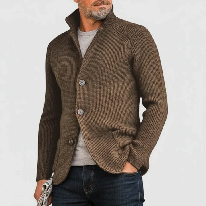 Men's ribbed button-front cardigan sweater. Versatile layering piece for fall and winter.
