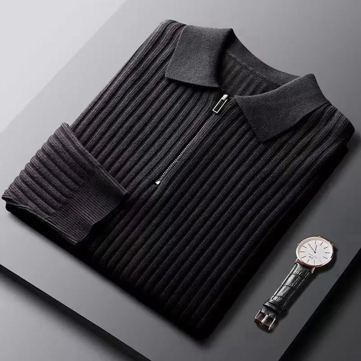 Stylish men's long sleeve zip-neck pullover sweater with a comfortable ribbed texture.