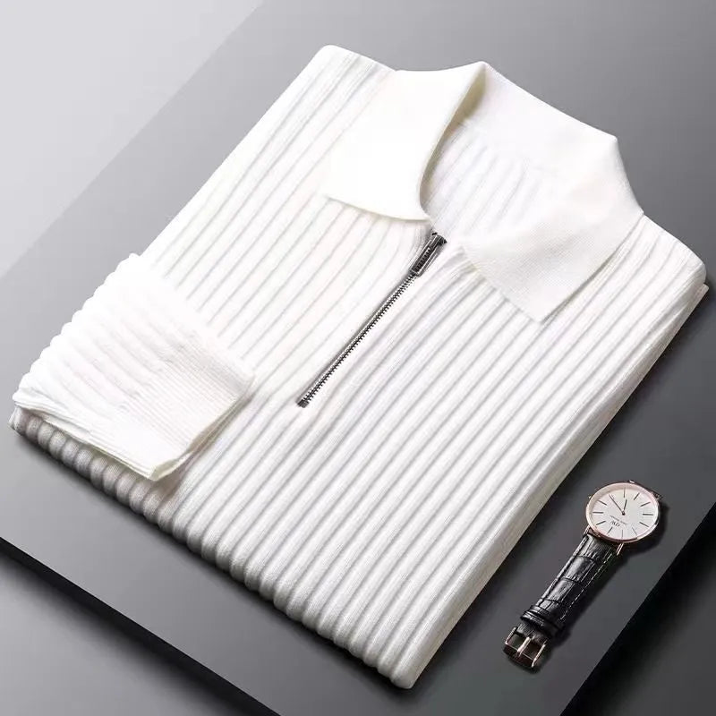 Front view of a versatile men's ribbed knit sweater with a functional zip neck, ideal for layering.