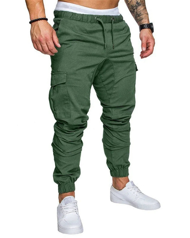 Men's athletic cargo joggers in side view, comfortable & durable, perfect for urban adventures & street style.