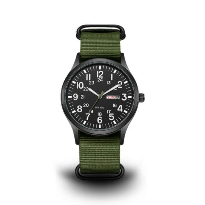 Men's rugged outdoor military watch. Durable, waterproof, tactical timepiece for adventure. Resilient quartz.