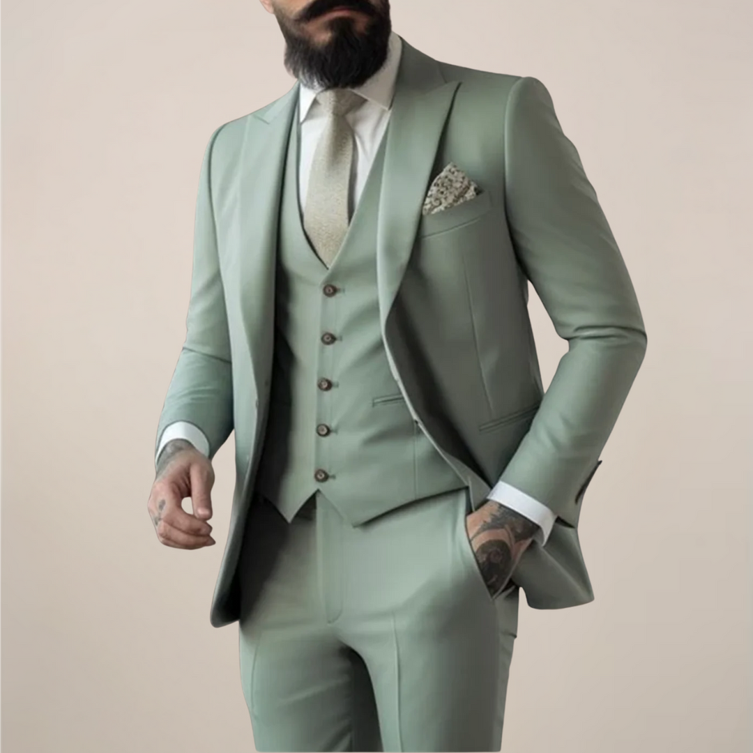 Men's sage green slim fit 3-piece suit, perfect for weddings, proms & formal events. Modern tailored design.