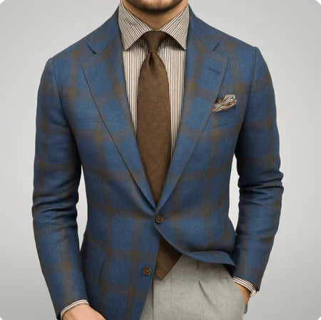 Elegant men's tailored blazer with a subtle check pattern. Perfect for business wear, weddings, or smart casual outfits.