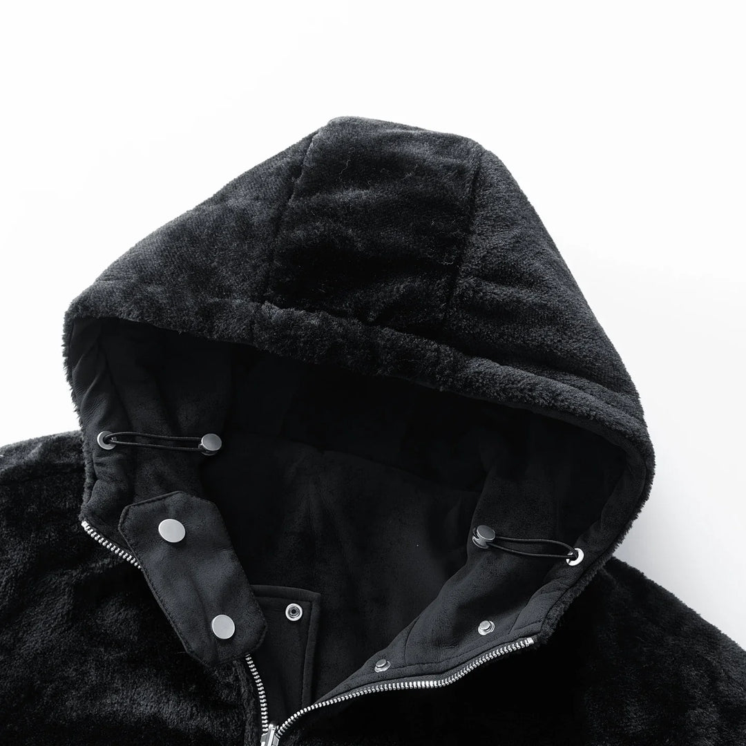 Model shot of men's sherpa-lined jacket in an outdoor winter setting, casual outerwear