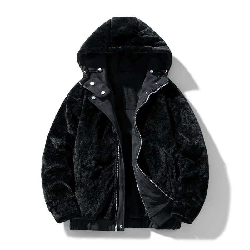 Men's gray sherpa-lined hooded jacket laid flat, focusing on full-zip detail, warm coat
