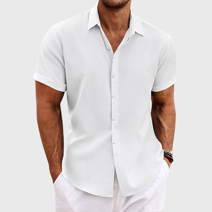 Men's short sleeve casual button-down summer shirt for warm weather and relaxed style.