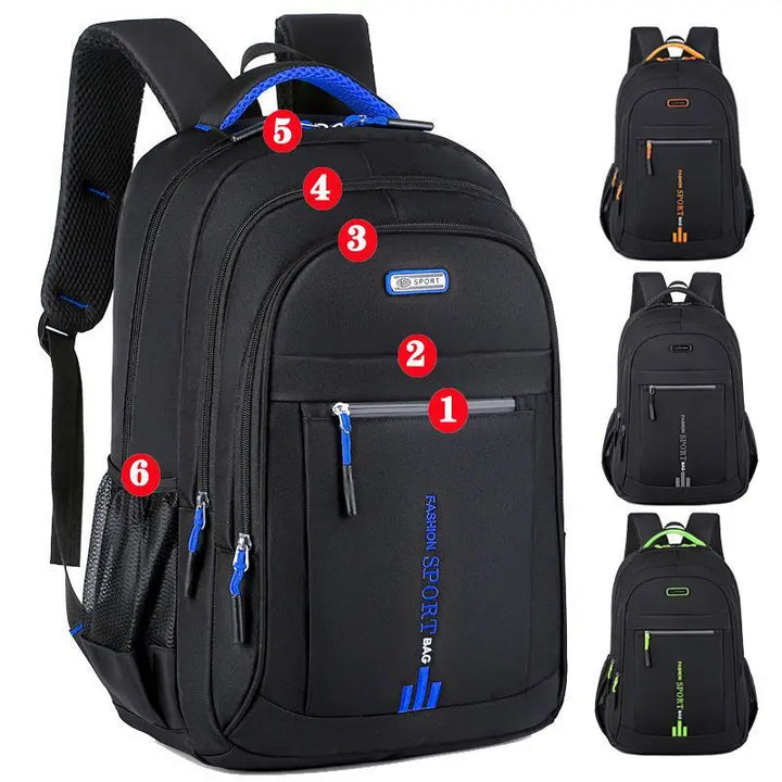 Fashionable men's laptop backpack, waterproof for business travel & organized compartments.