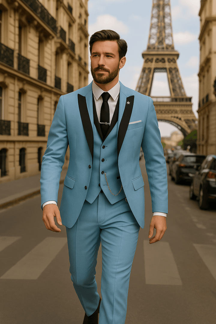 Close-up of lapel on a men's slim fit 3-piece suit jacket, highlighting quality tailoring.