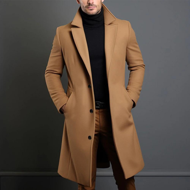 Men's slim fit camel coat, laid flat, showcasing full design and warm material.