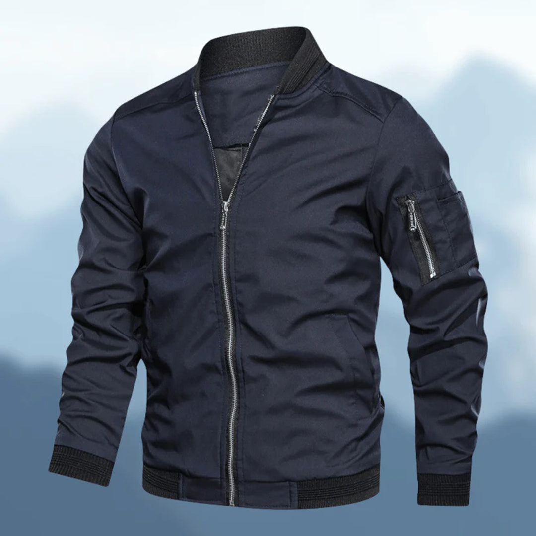 Men's casual bomber jacket, slim fit, burgundy, with zipped pockets, lightweight for spring/fall.