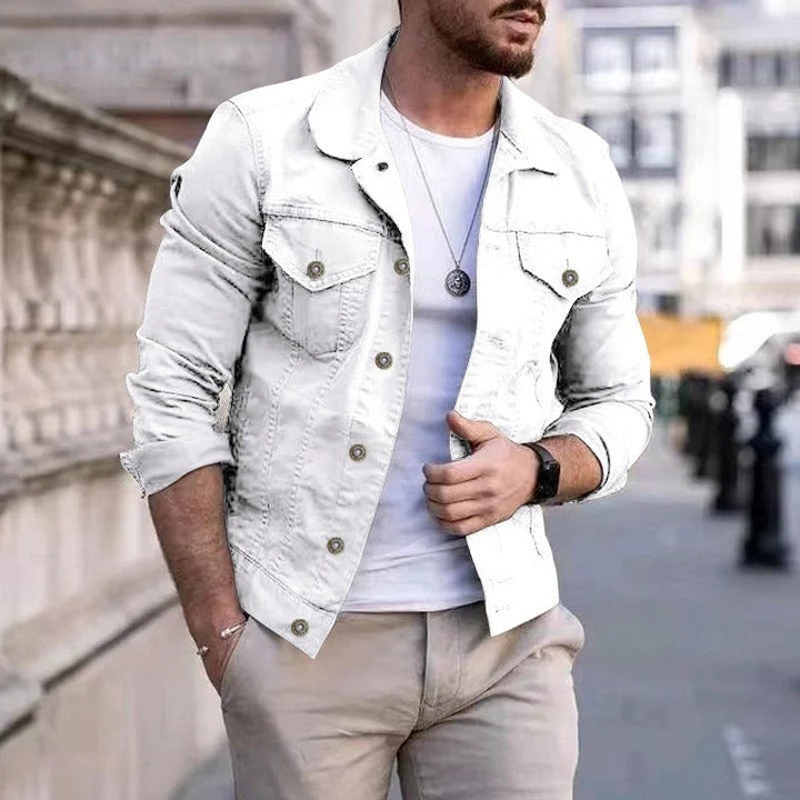 Classic blue denim jacket for men, slim-fit design ideal for stylish casual fashion & outerwear.