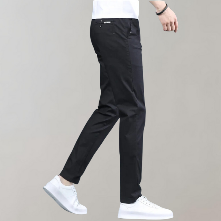 Man wearing slim-fit khaki casual pants, showcasing their comfortable fit