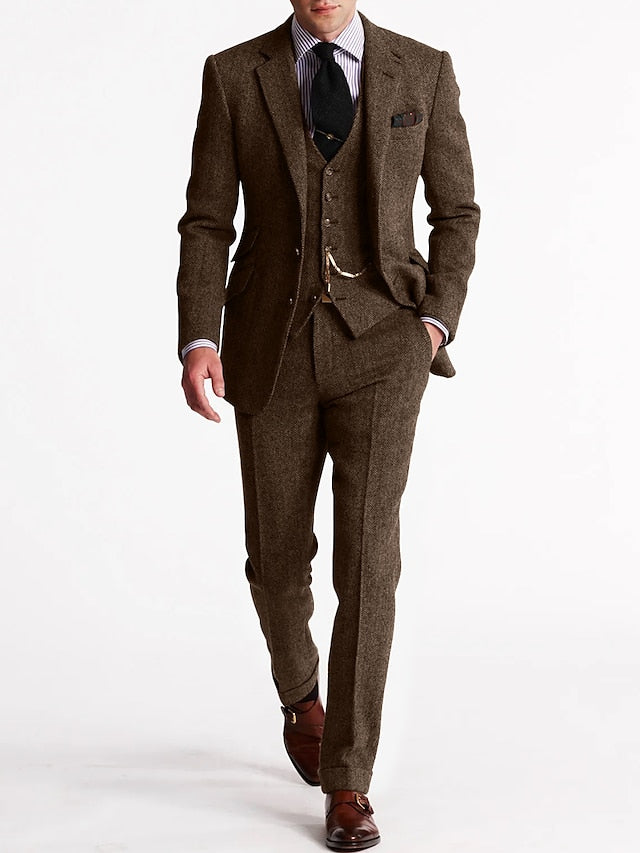 Close-up of the tweed fabric on a men's slim fit tuxedo, ideal for a wedding suit