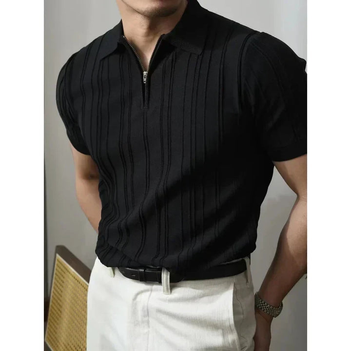 Stylish short sleeve men's zip polo, a sleek slim fit design for summer.