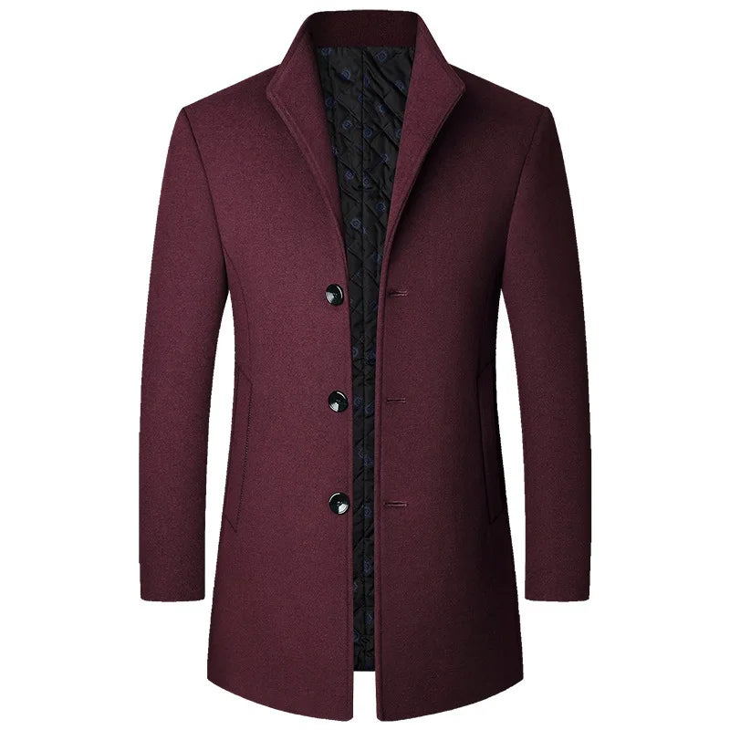 Classic men's outerwear: a tailored long button-front overcoat, essential for formal and cold weather.
