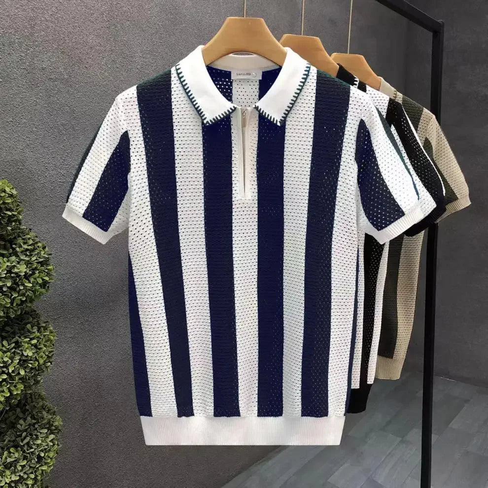Comfortable men's striped half-zip polo shirt. Short sleeve casual top, great for modern summer fashion.