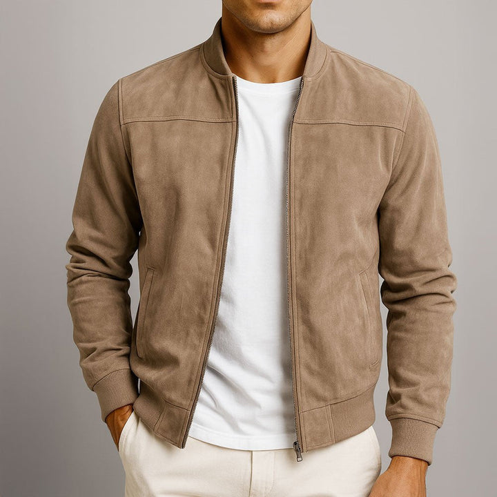 Tailored men's bomber jacket in a structured fabric. Perfect fall/spring outerwear.