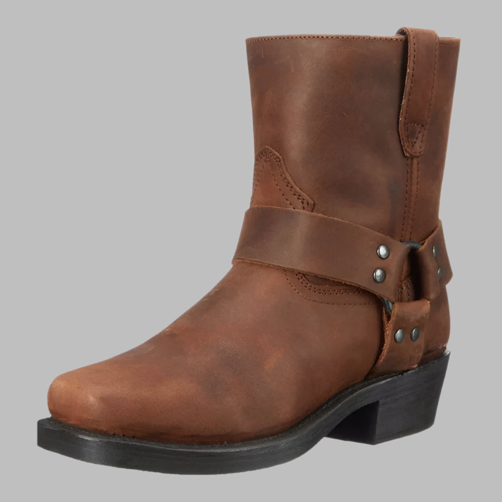 Men's stylish black leather ankle boots with strap detail, perfect for casual and semi-formal outfits.